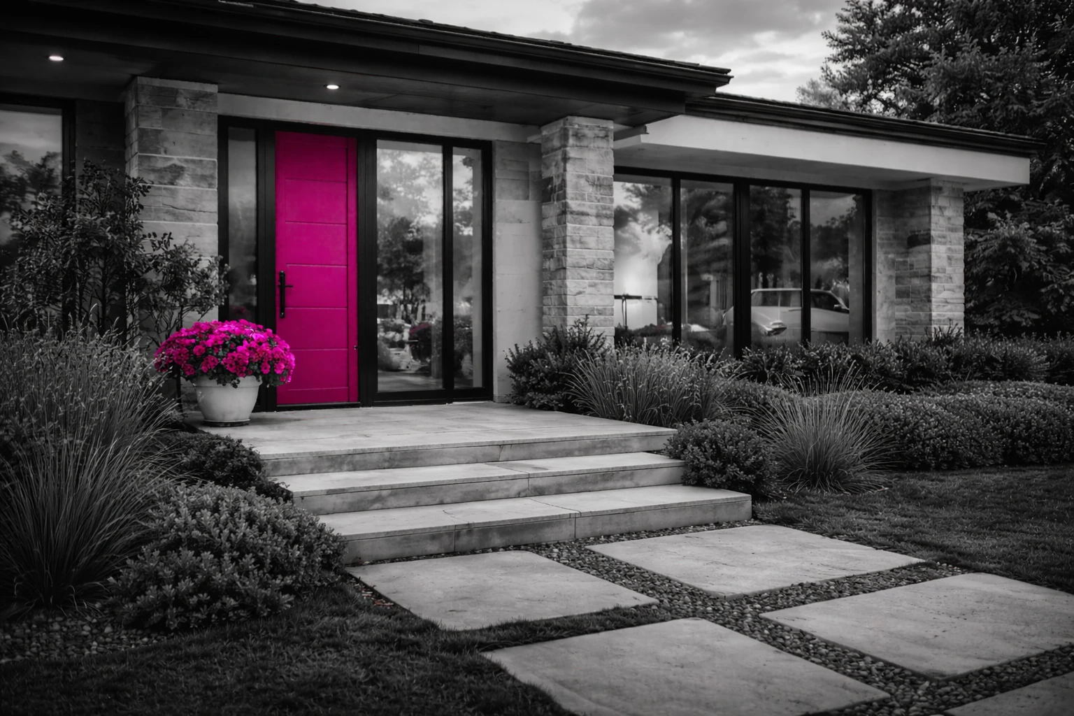 Maison contemporaine avec une porte fuchsia