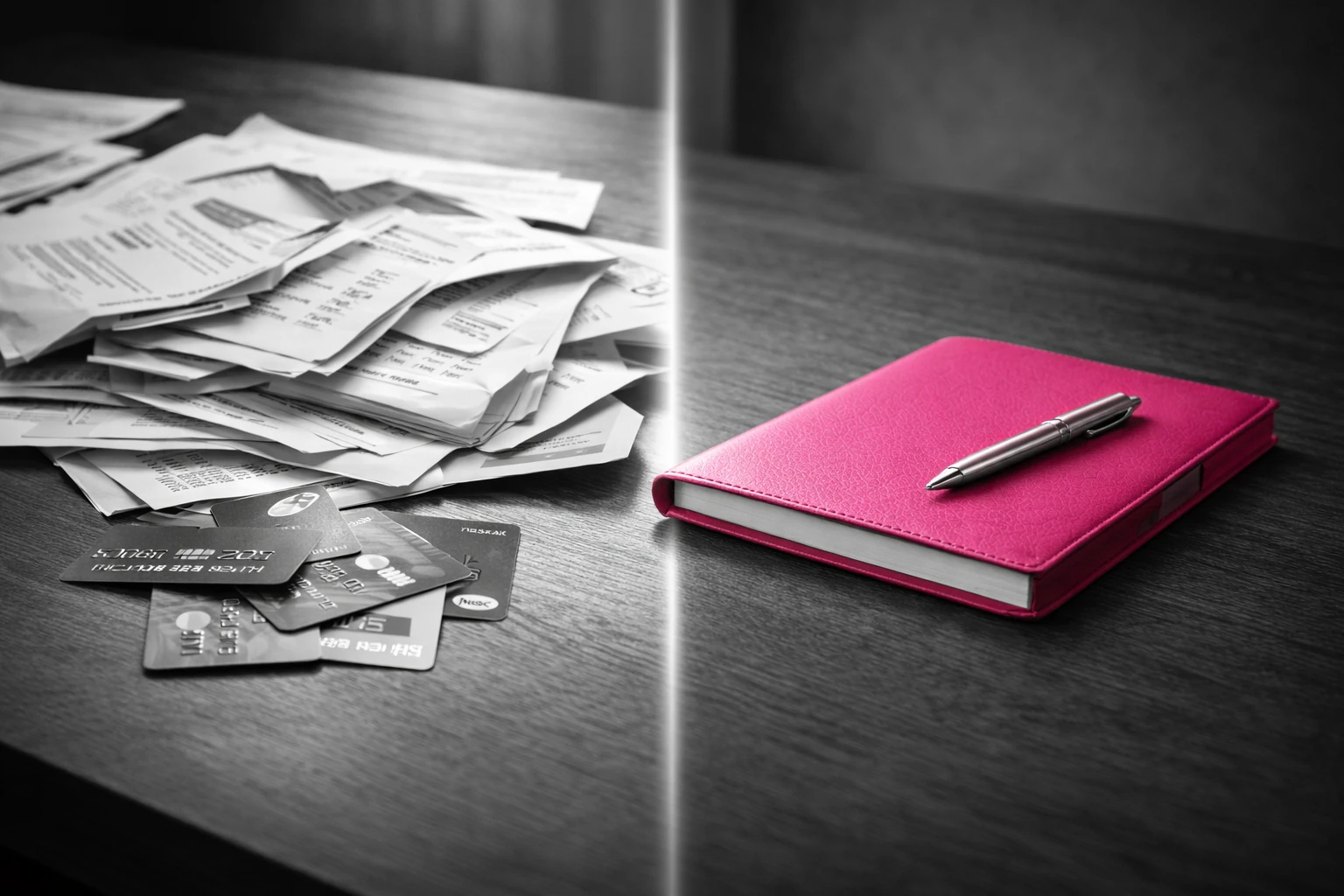 Documents dispersés et dossier fuchsia organisé, illustration du regroupement de crédits